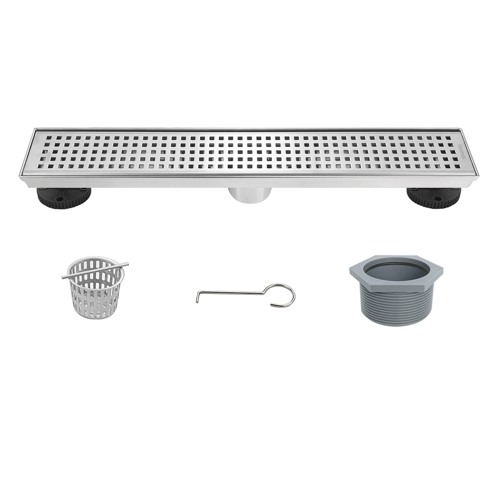 Neodrain Quadrato pattern cover highlighted on brushed stainless steel drain