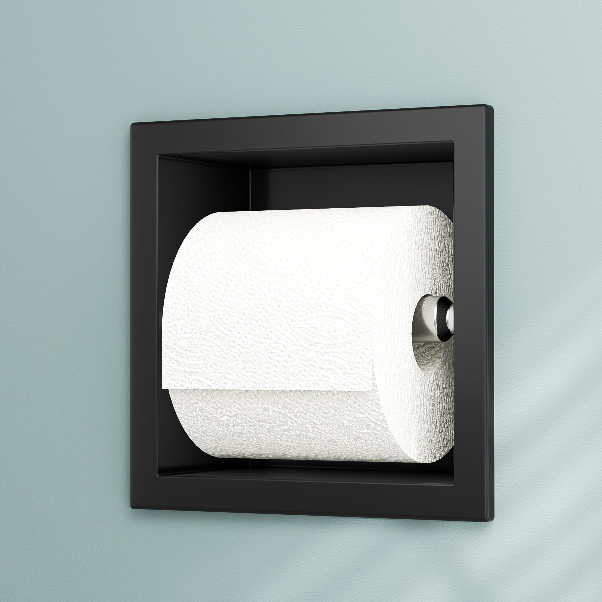 Neodrain recessed toilet paper holder with matte black finish, durable stainless steel for daily bathroom use.