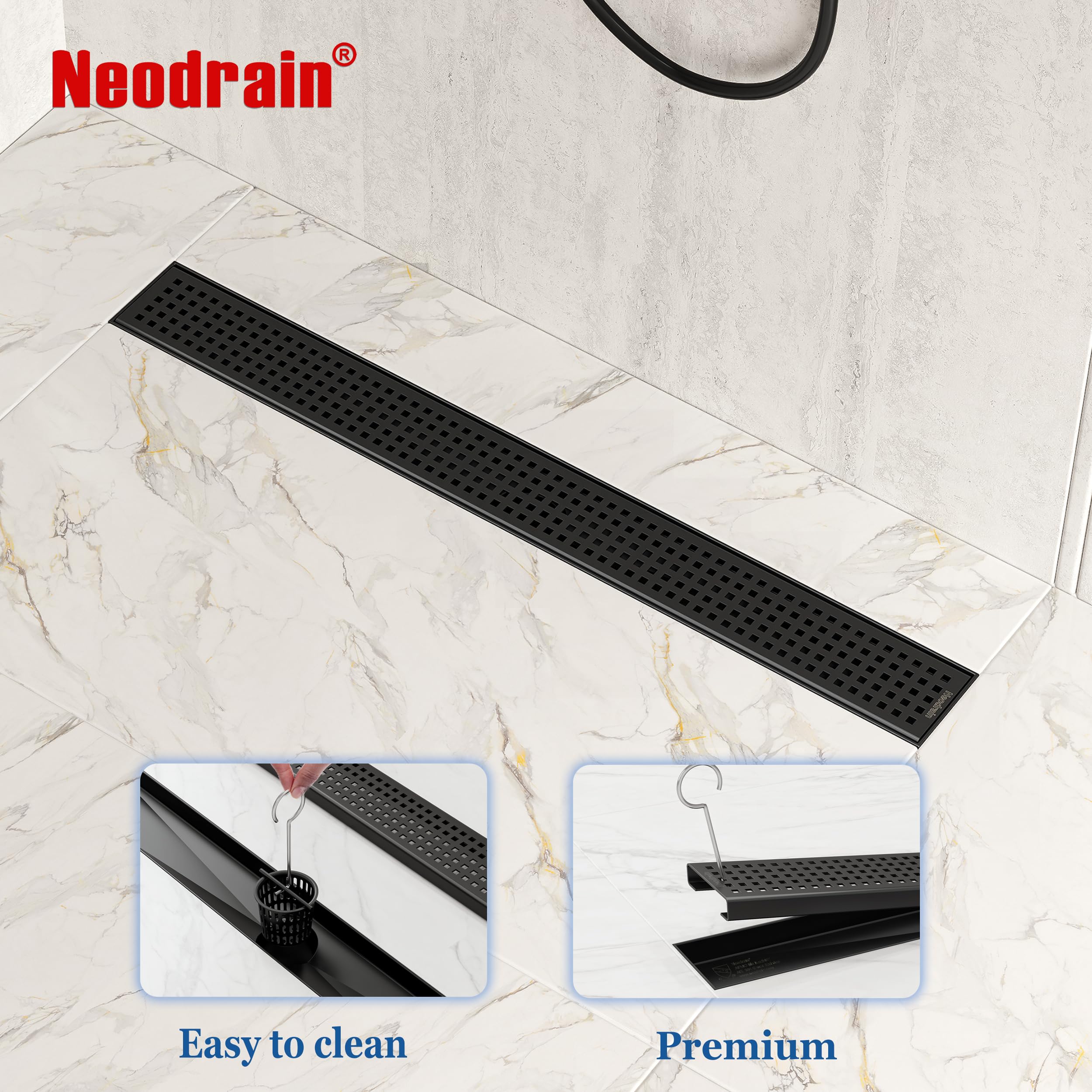 Neodrain leveling feet help install flush on uneven floors