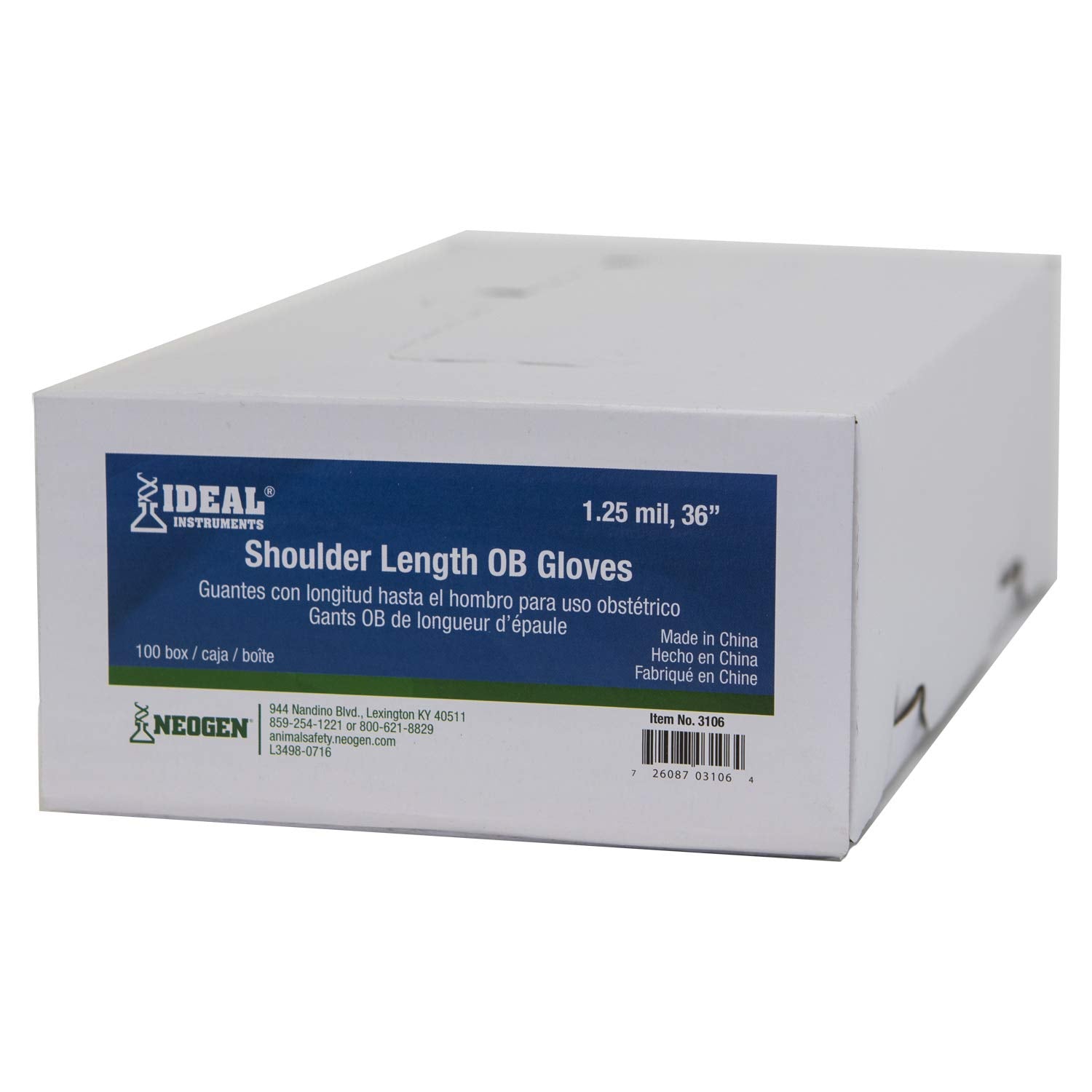 Neogen IDEAL shoulder-length OB gloves in a 100-piece box for convenient stocking.
