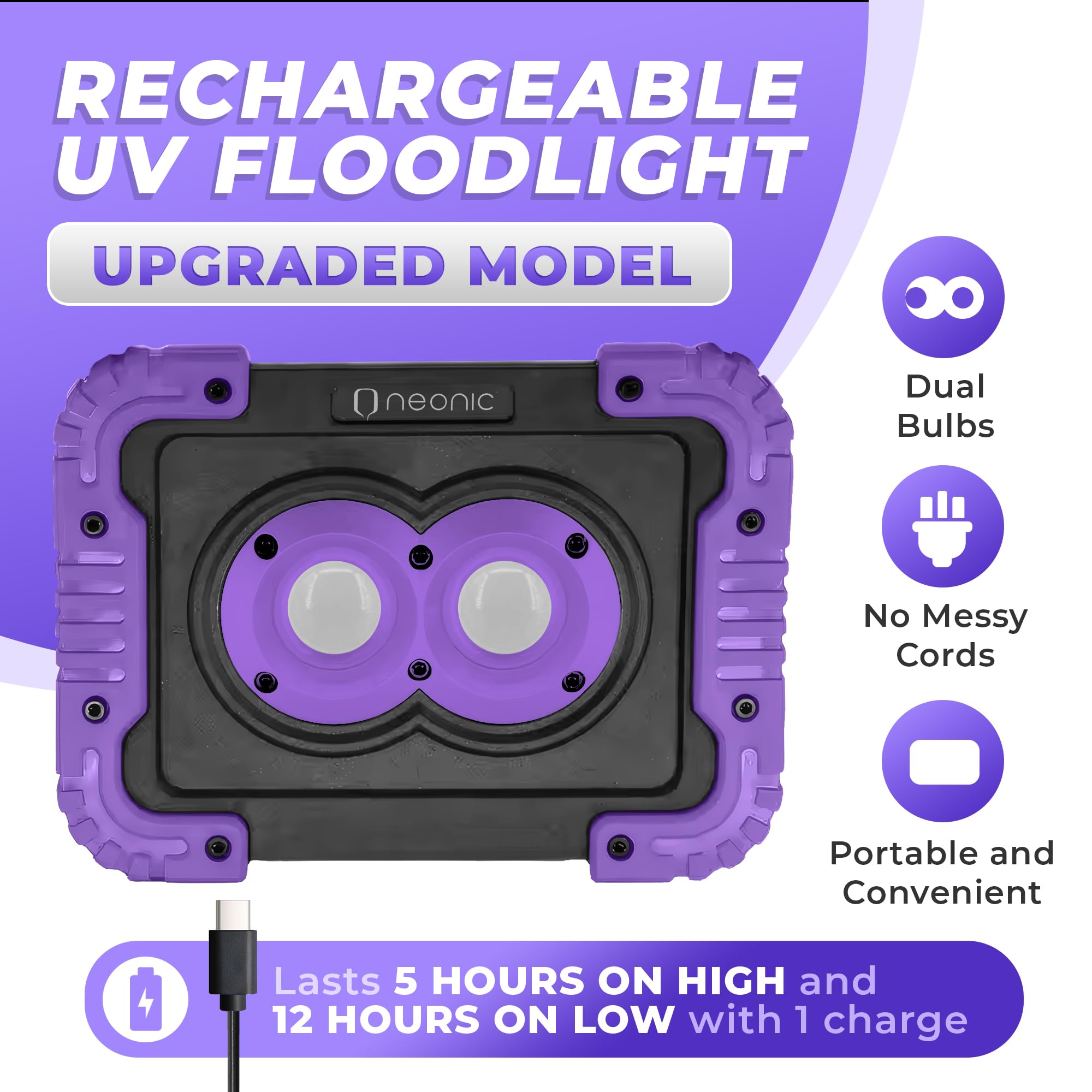 Neonic 395nm UV flood light for long-distance glow and reach.