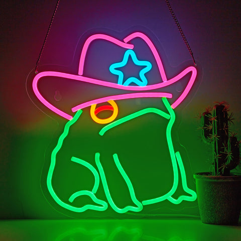 NEONLAND Cowboy Toad neon sign adds playful ambience to bars, game rooms, or bedrooms with vibrant glow.