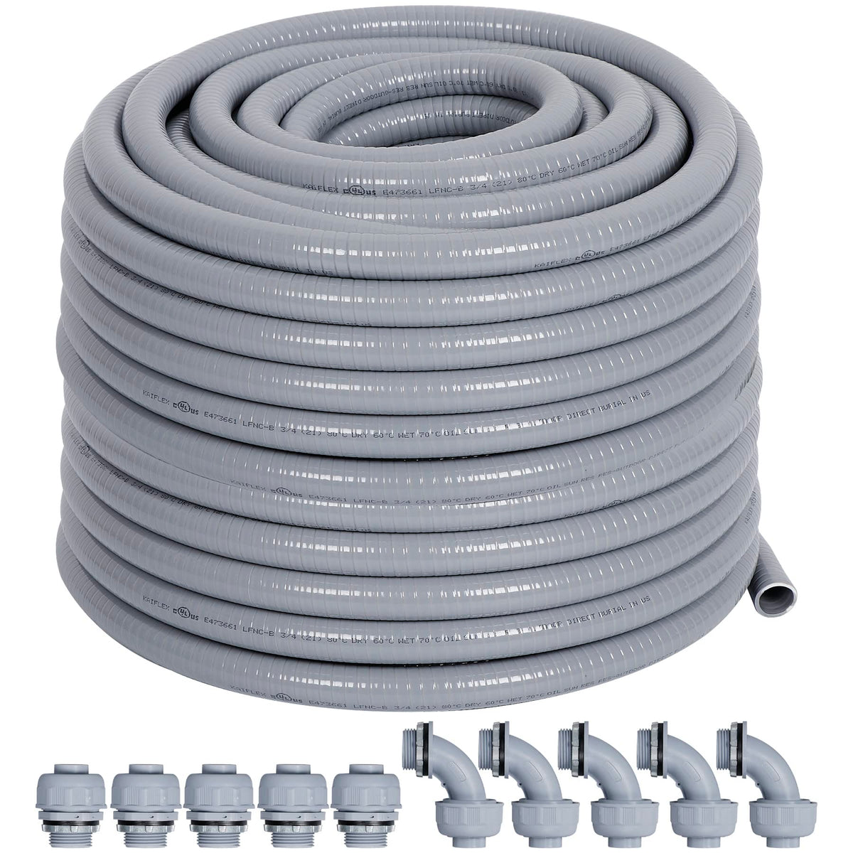 Neorexon liquid-tight conduit kit 100ft with 10 connectors for versatile wiring.