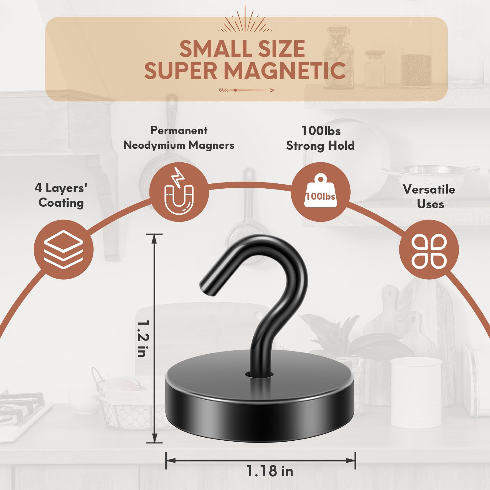 Neosmuk magnetic hook used to hang kitchen utensils for tidy counters.