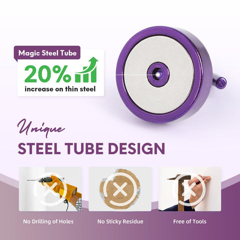 Neosmuk magnetic hook steel-base design improves hold on thin metal surfaces.