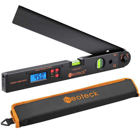 Neoteck aluminum digital angle finder with 16-inch backlit LCD for clear measurements in low light.