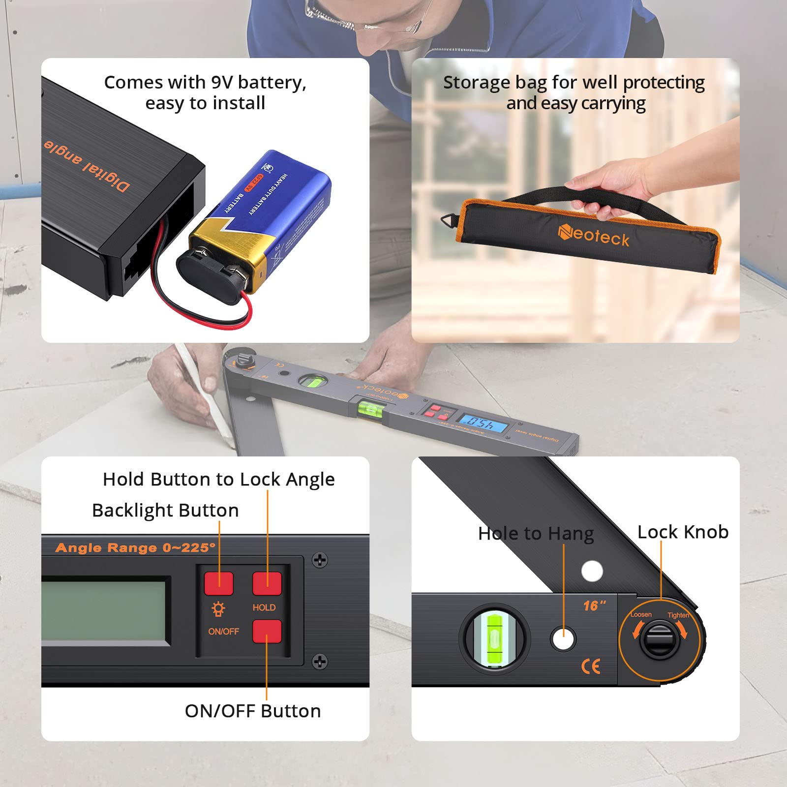 Neoteck angle finder shows horizontal and vertical bubble for quick alignment checks.