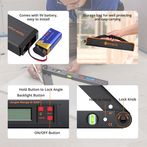 Neoteck angle finder shows horizontal and vertical bubble for quick alignment checks.