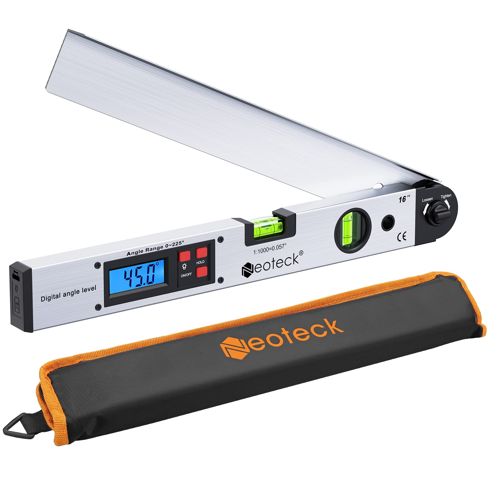 Neoteck aluminum digital angle finder with backlit display for easy reading.