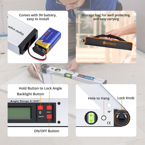 Neoteck angle finder shows 0-225° range for precise layouts.