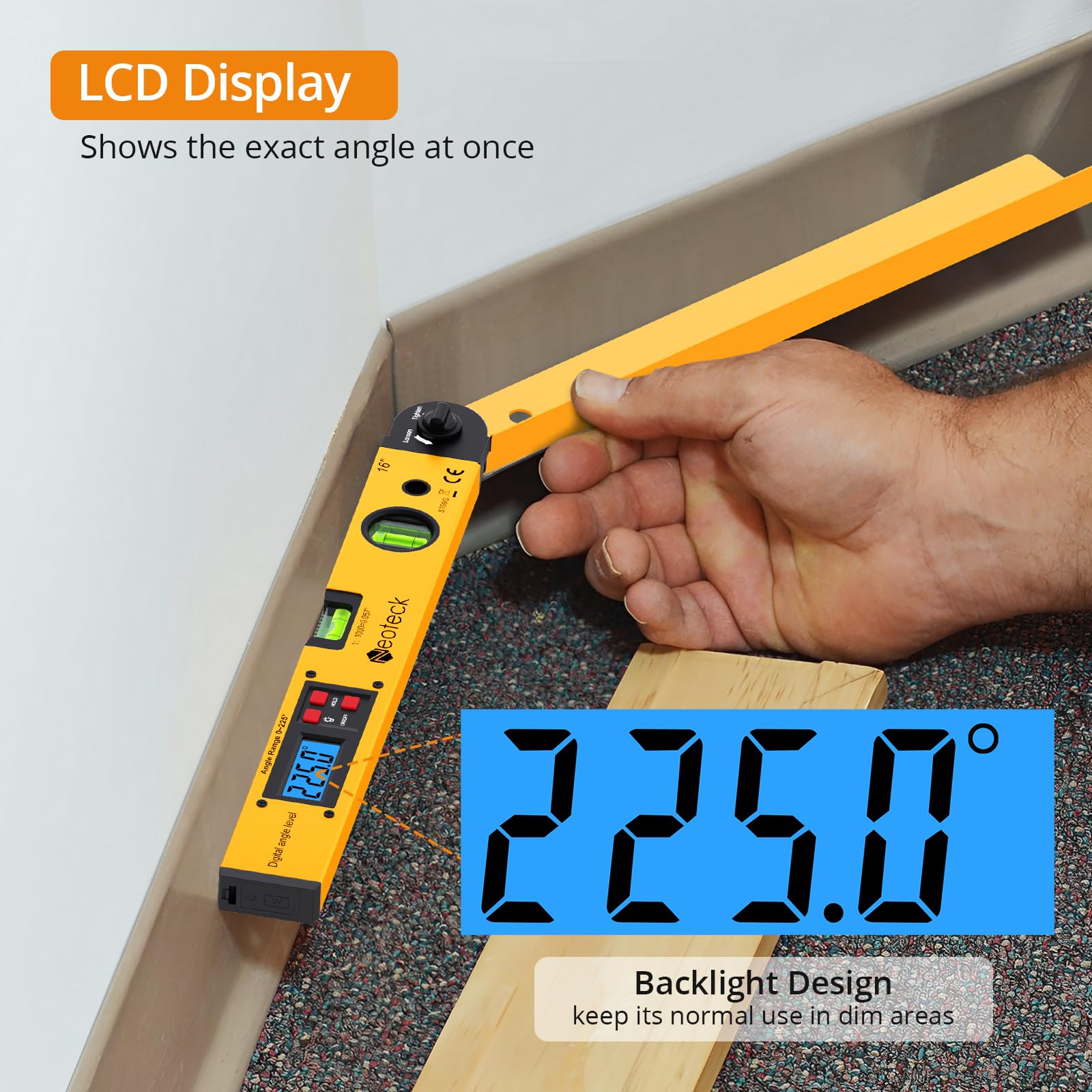 Neoteck digital angle finder with data hold for easy note-taking