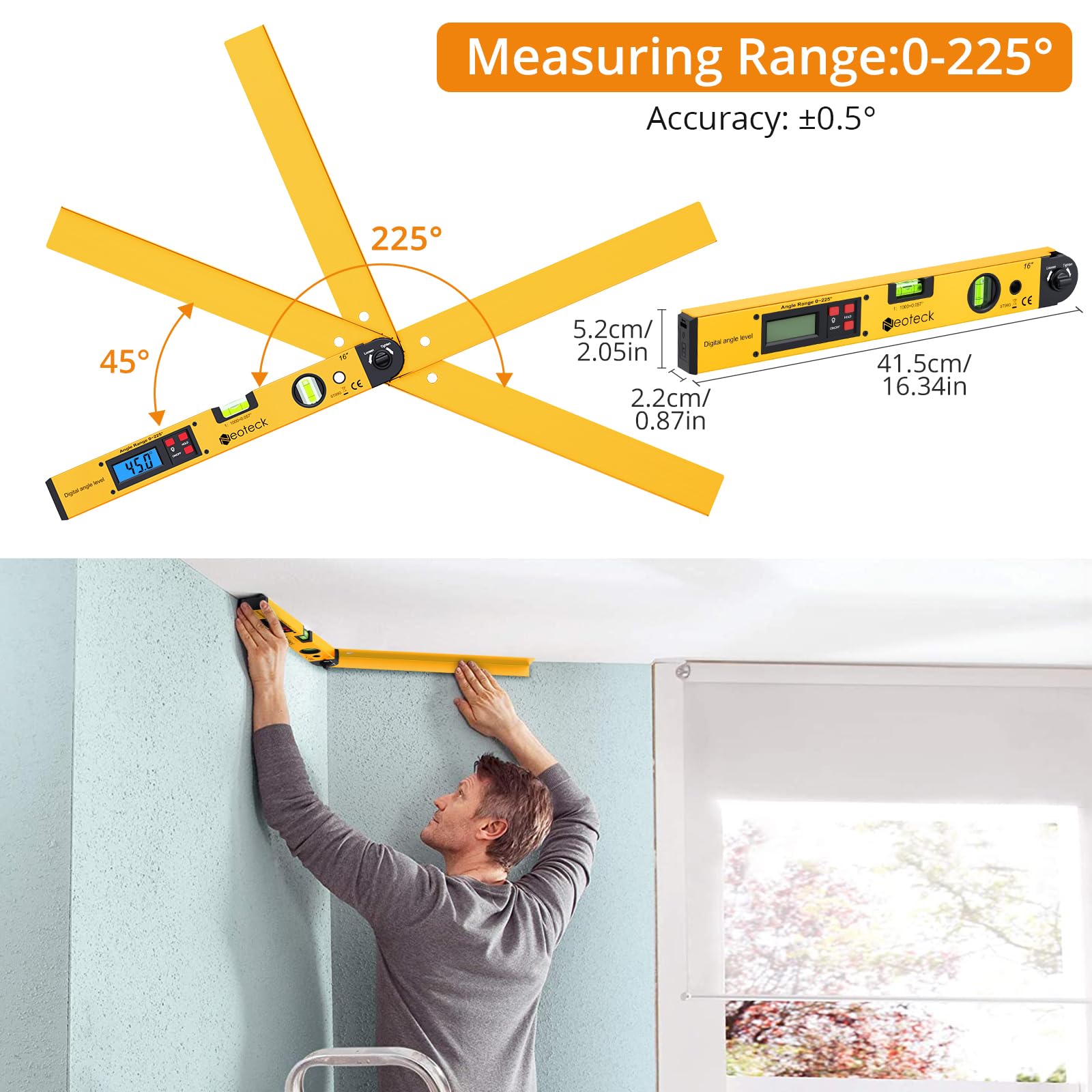 Neoteck angle finder displays horizontal and vertical bubbles for quick checks