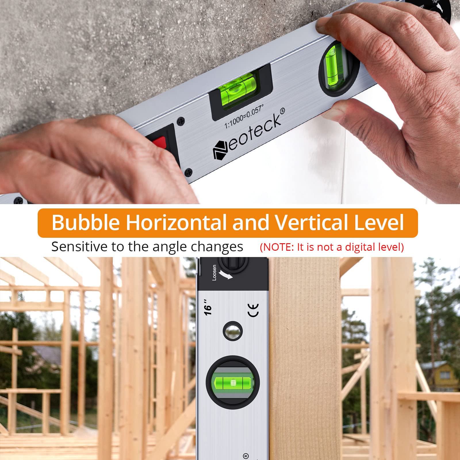 Neoteck vertical bubble level helps verify vertical alignment.