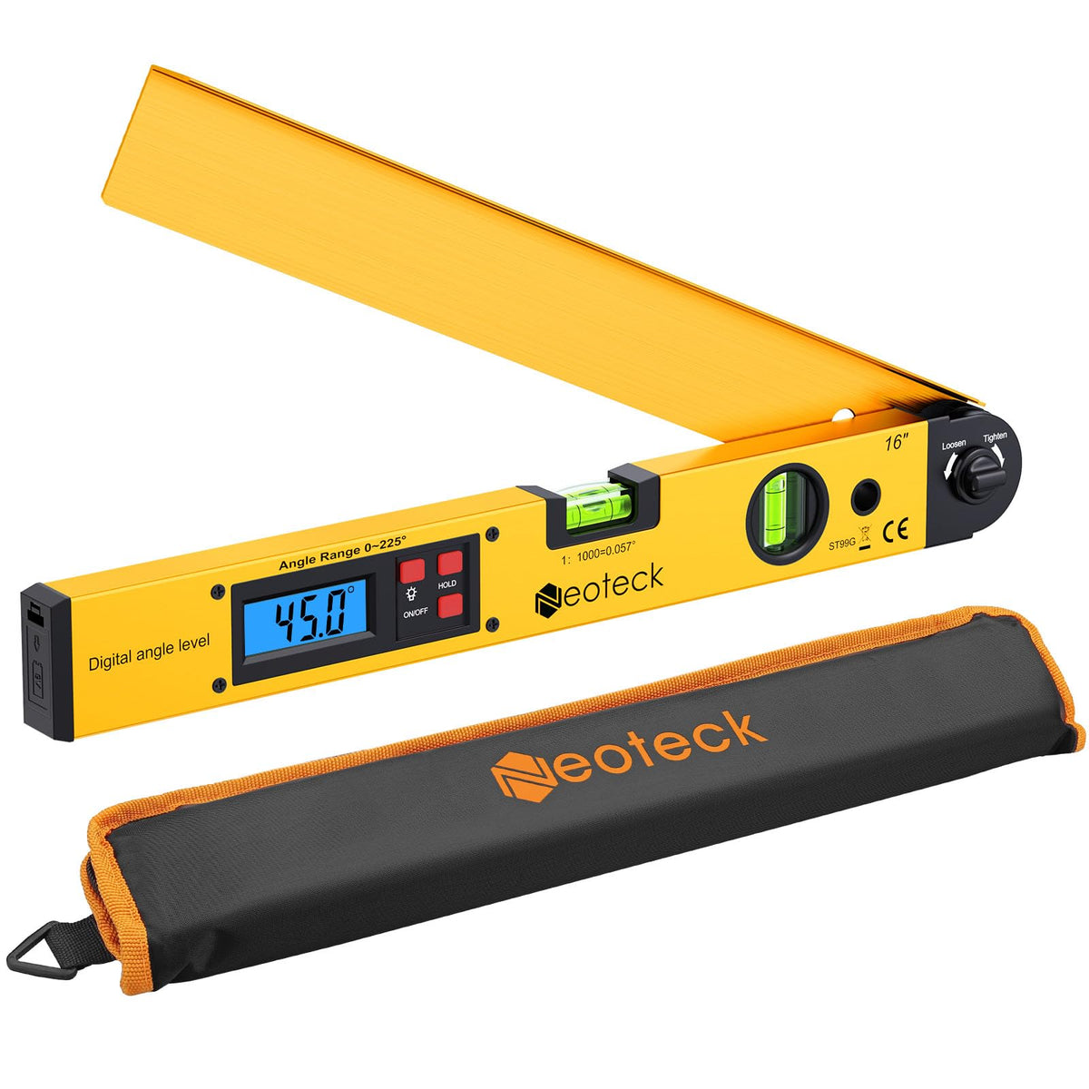 Neoteck digital angle finder showing 0–225° display for precise measurements
