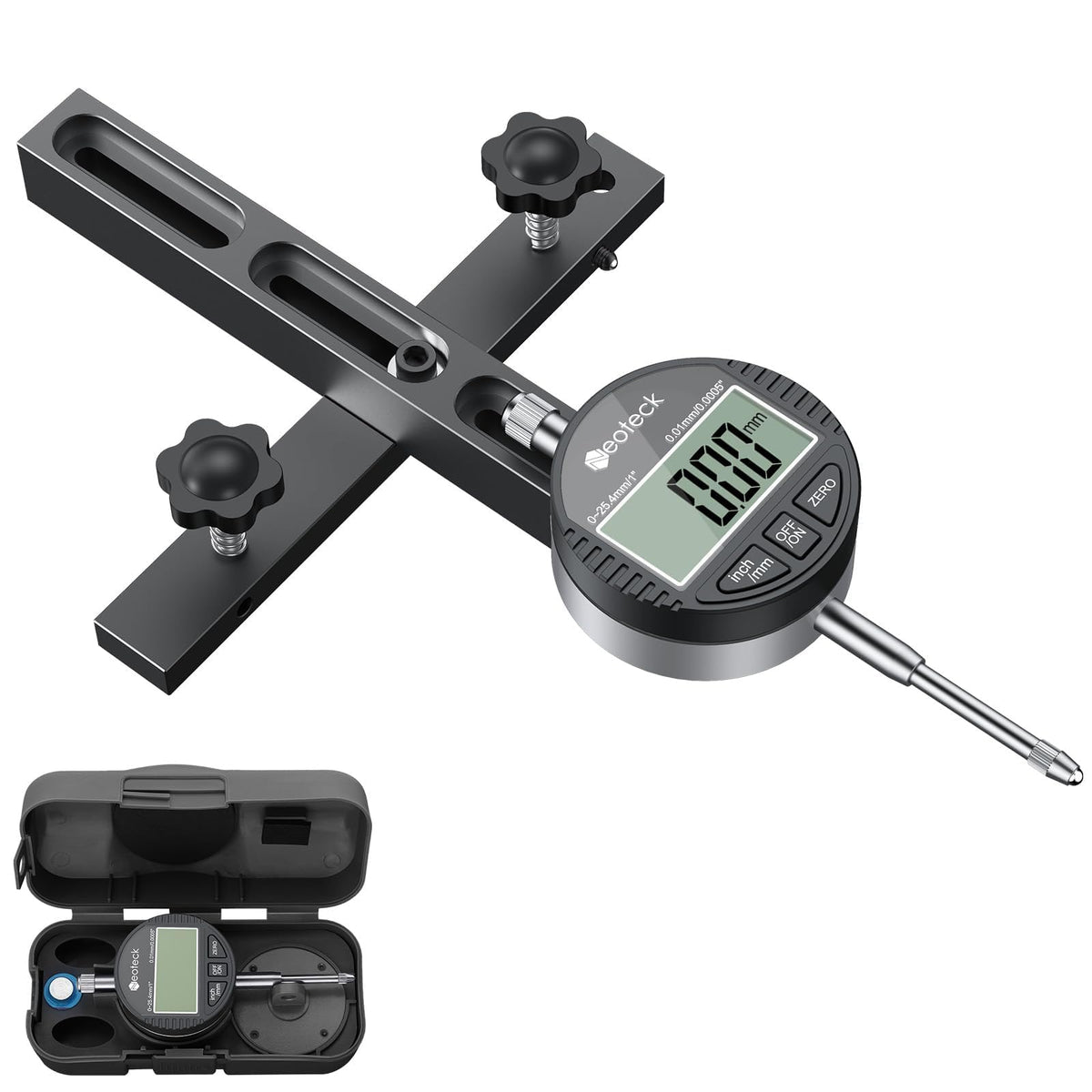 Neoteck digital dial indicator mounted on table saw gauge showing precise readout for alignment