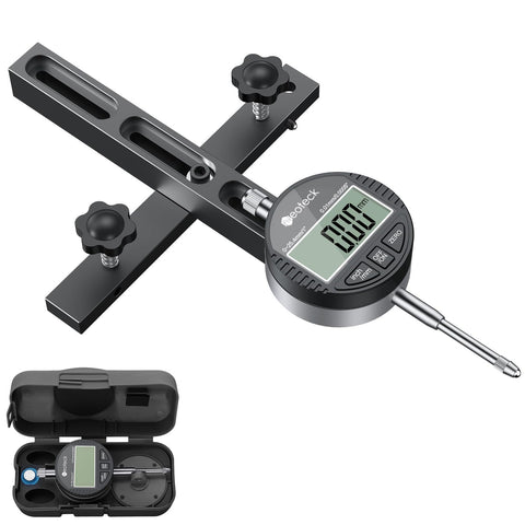 Neoteck digital dial indicator mounted on table saw gauge showing precise readout for alignment