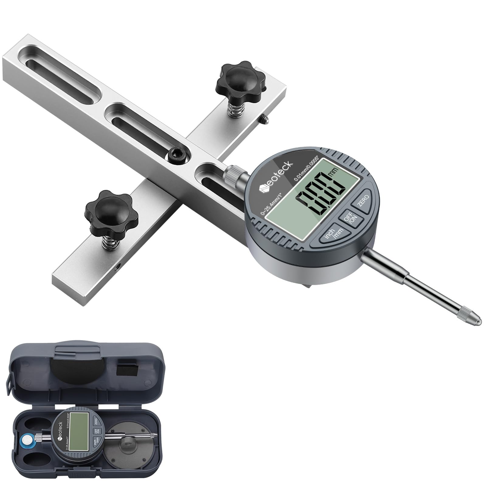 Neoteck digital dial indicator mounted for precise table saw alignment and squareness checks.