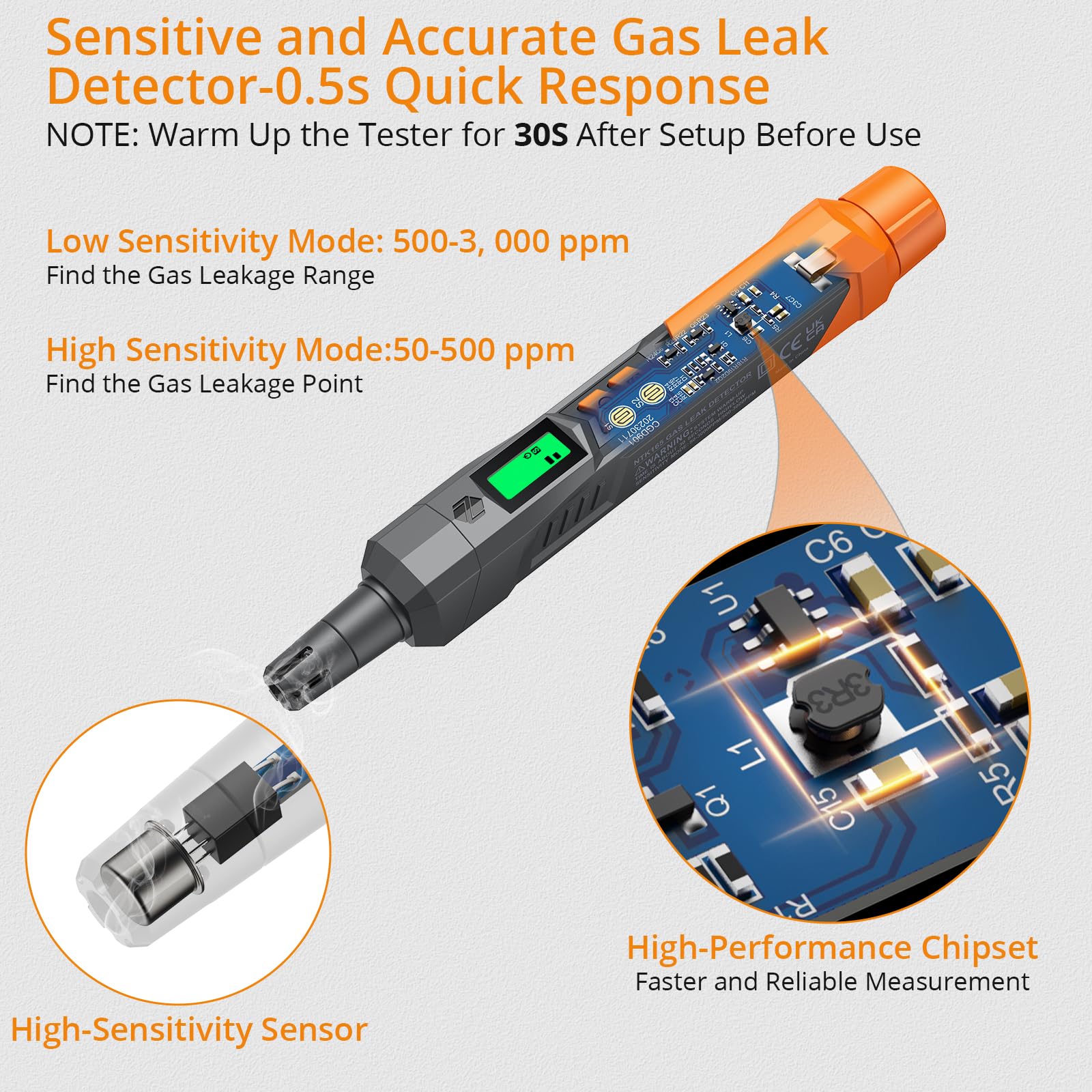 Neoteck gas leak detector side view highlighting compact portability