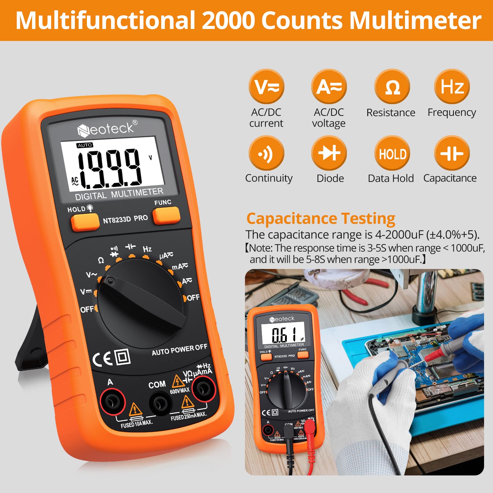 Neoteck auto polarity display helps identify correct connections quickly.
