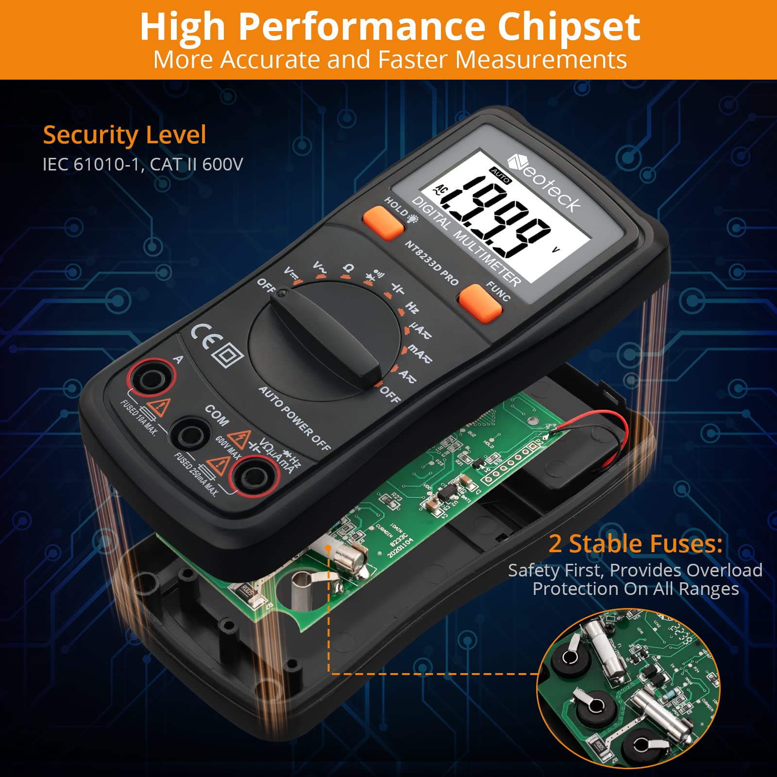 Neoteck backlit LCD display for easy readings in low light.