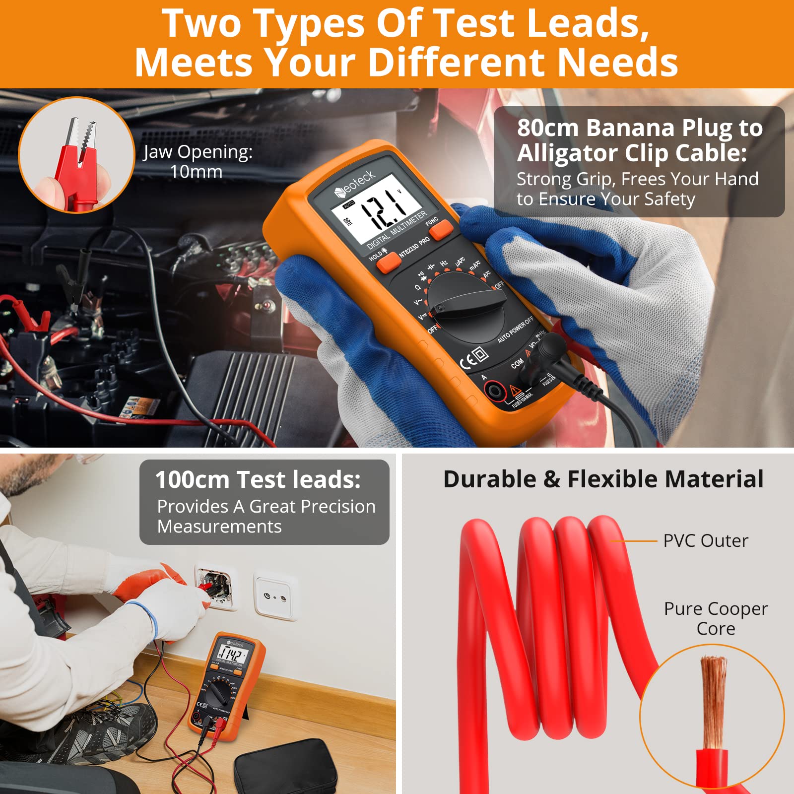Neoteck meter with included test leads and banana plug cable for versatile measurements.