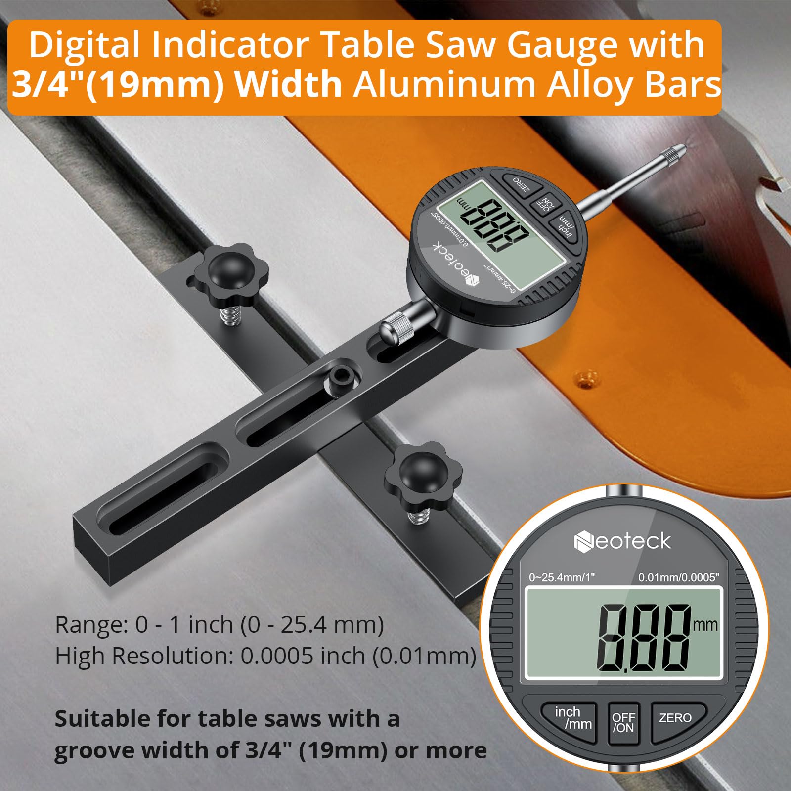 Neoteck table saw gauge in 3/4 inch groove setup to ensure squareness