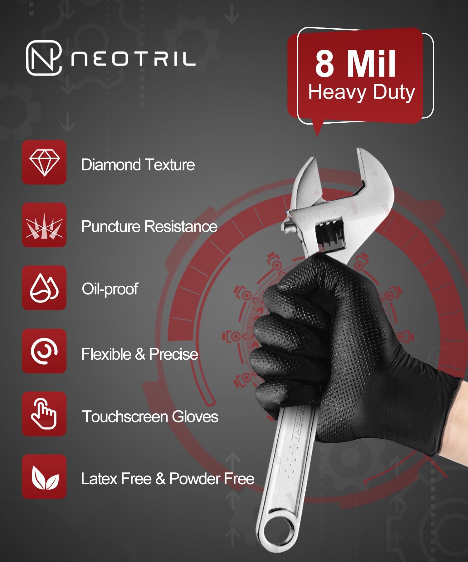 NEOTRIL raised diamond texture grip on nitrile gloves enhances non-slip control