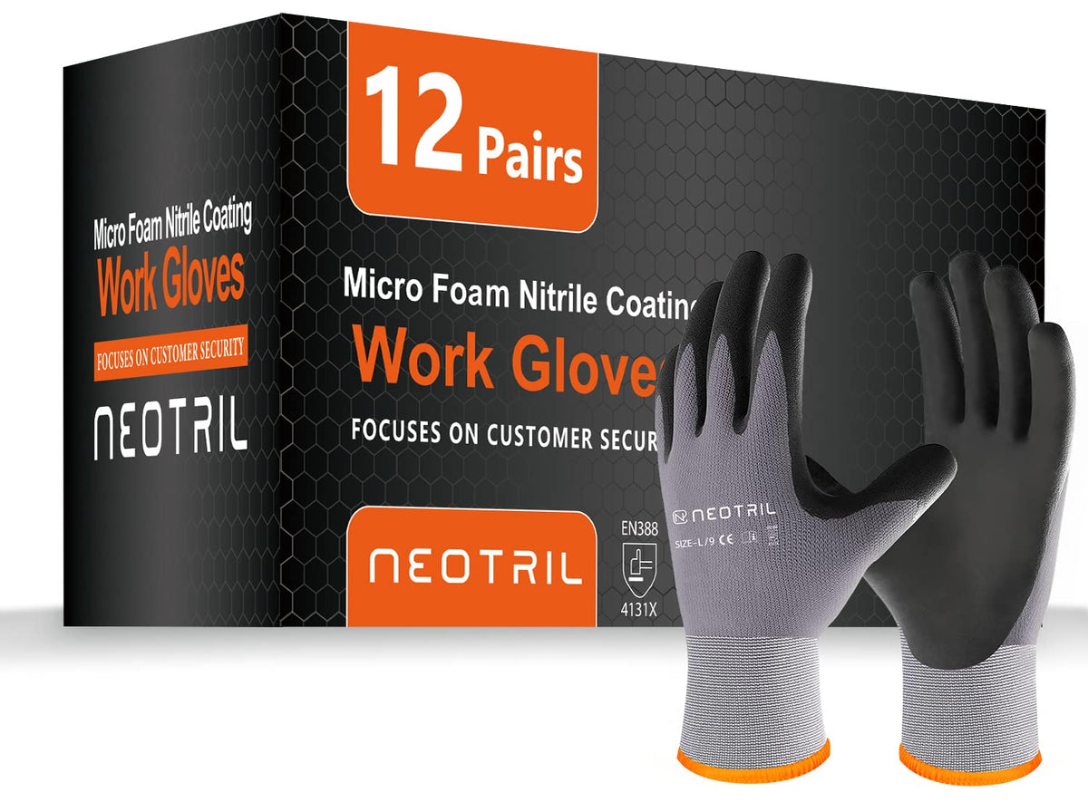 NEOTRIL safety gloves with microfoam nitrile-coated palm for grip in wet conditions.