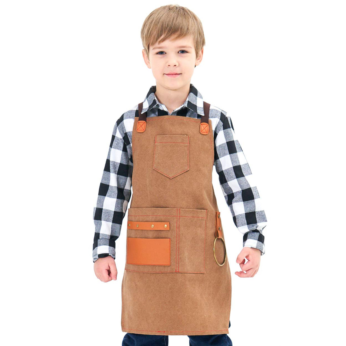 NEOVIVA heavy-duty kids apron showing pockets and cross-back design for organized crafts