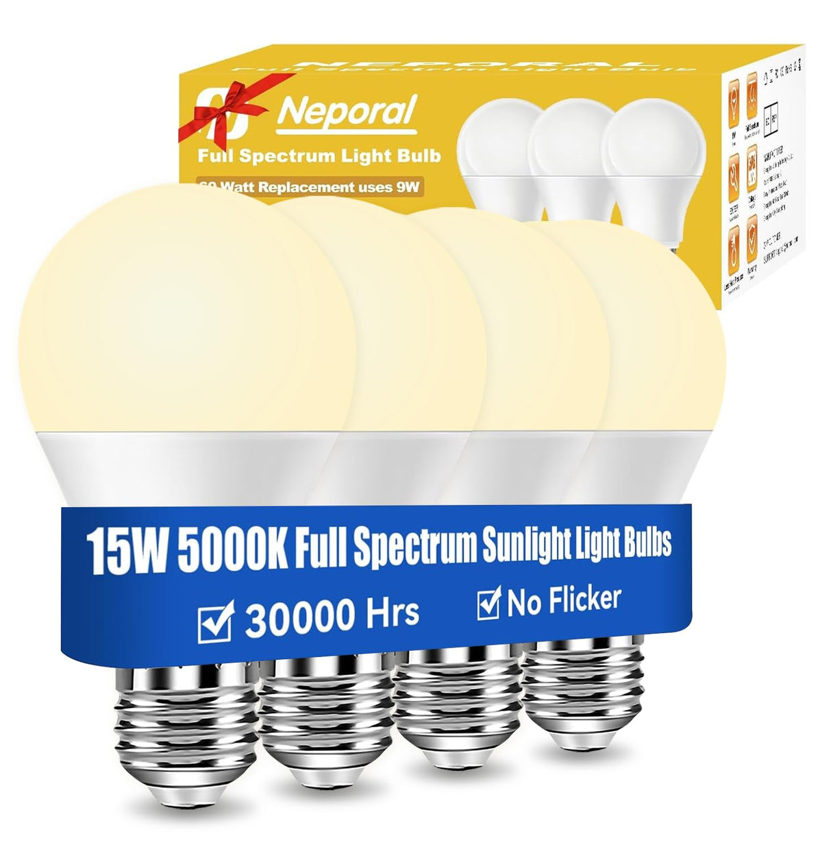Neporal 15W full spectrum bulb front view delivering UV-free daylight for a brighter room.