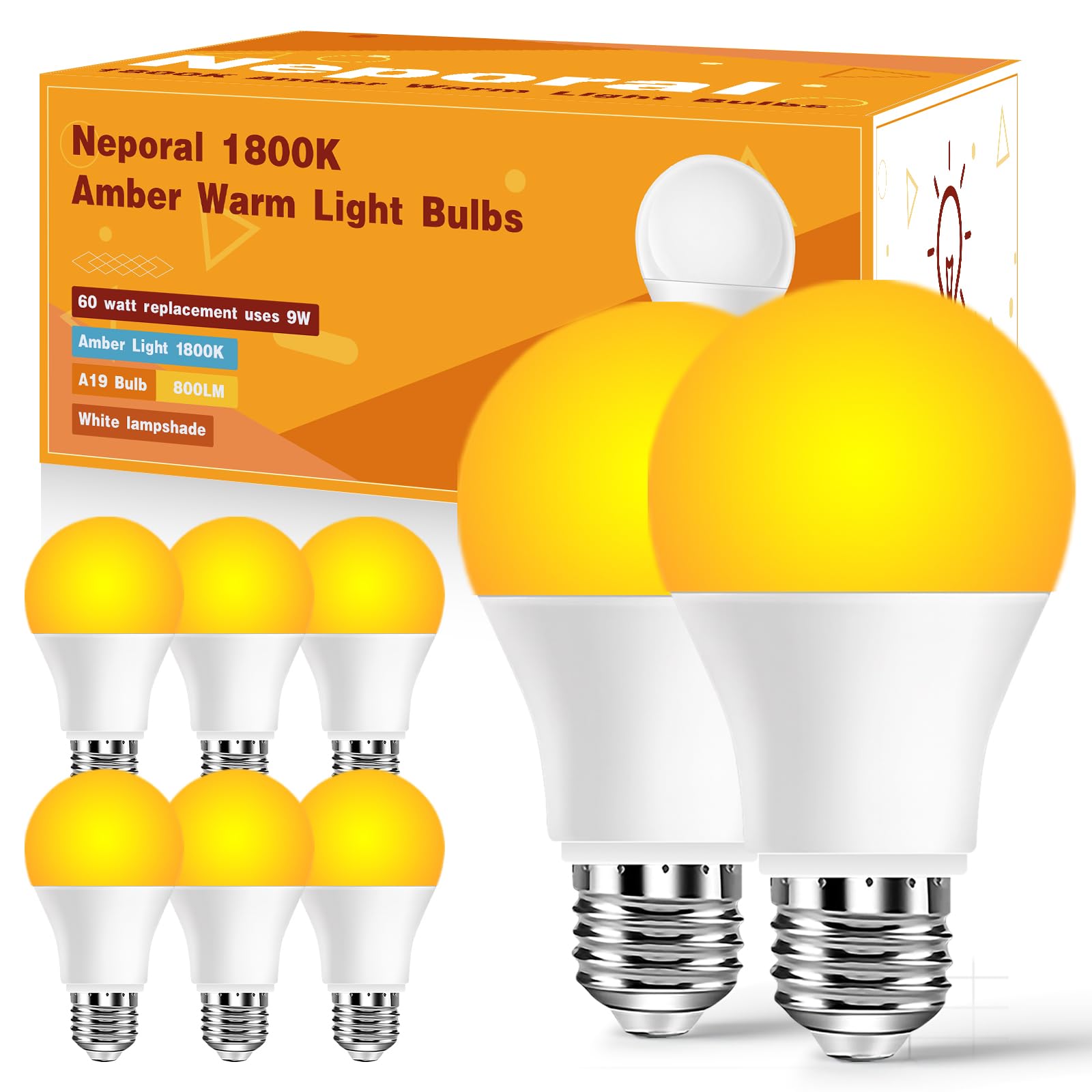 Neporal amber sleep bulb showing warm 1800K glow ideal for bedrooms and nurseries.