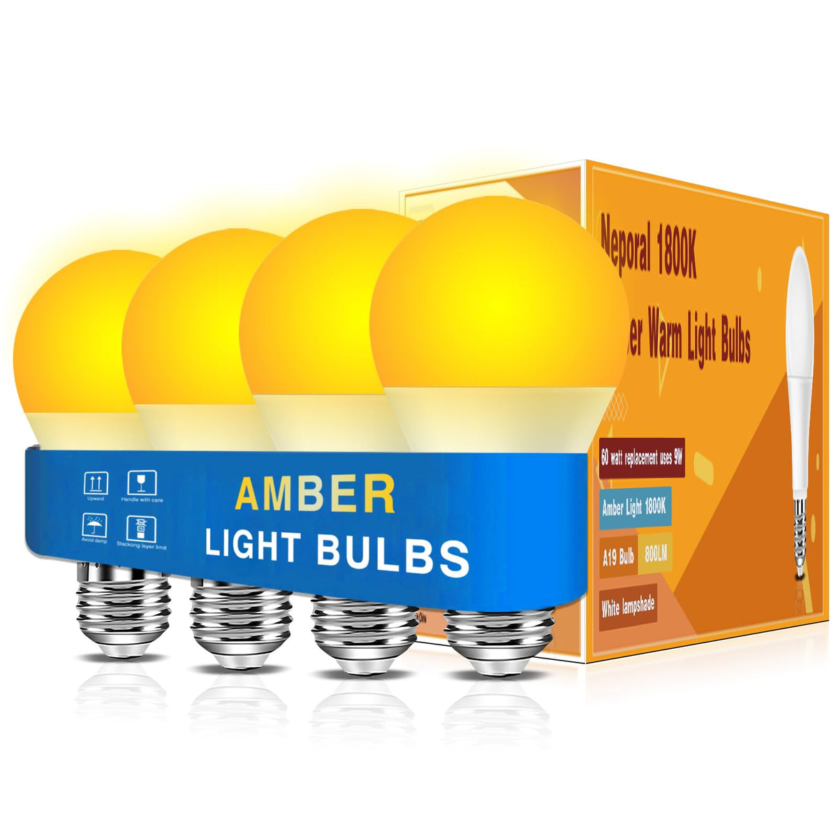 Neporal Amber Sleep Light Bulbs 4-pack packaging shows warm amber glow with blue-blocking efficiency