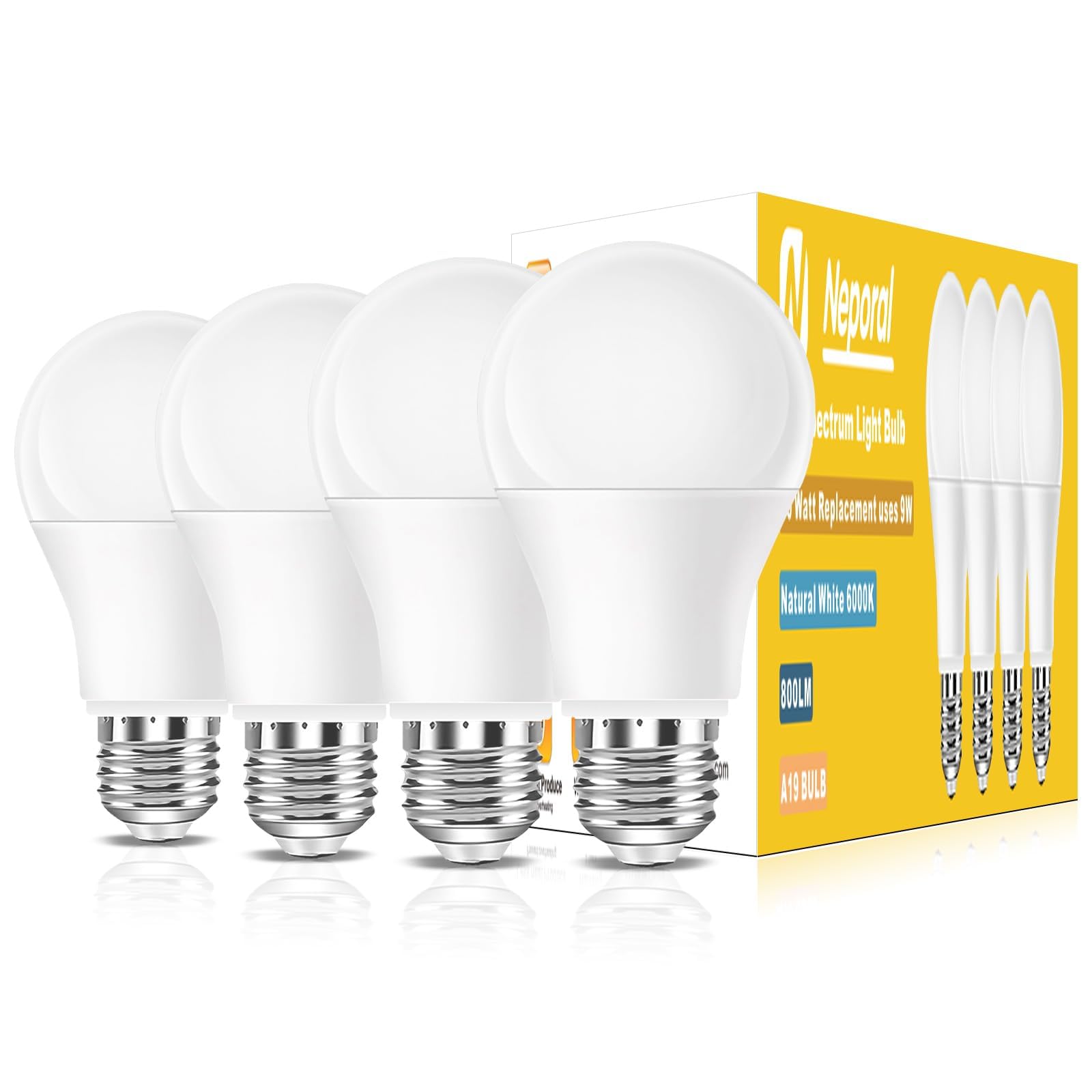 Neporal full-spectrum light bulb 6000K 4-pack provides natural daylight for bright, focused work.