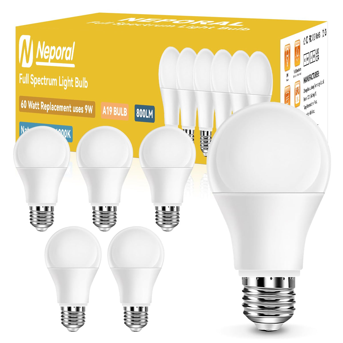 Neporal full-spectrum bulb 6000K delivers daylight-like brightness for home use.