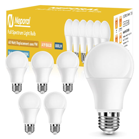 Neporal full-spectrum bulb 6000K delivers daylight-like brightness for home use.