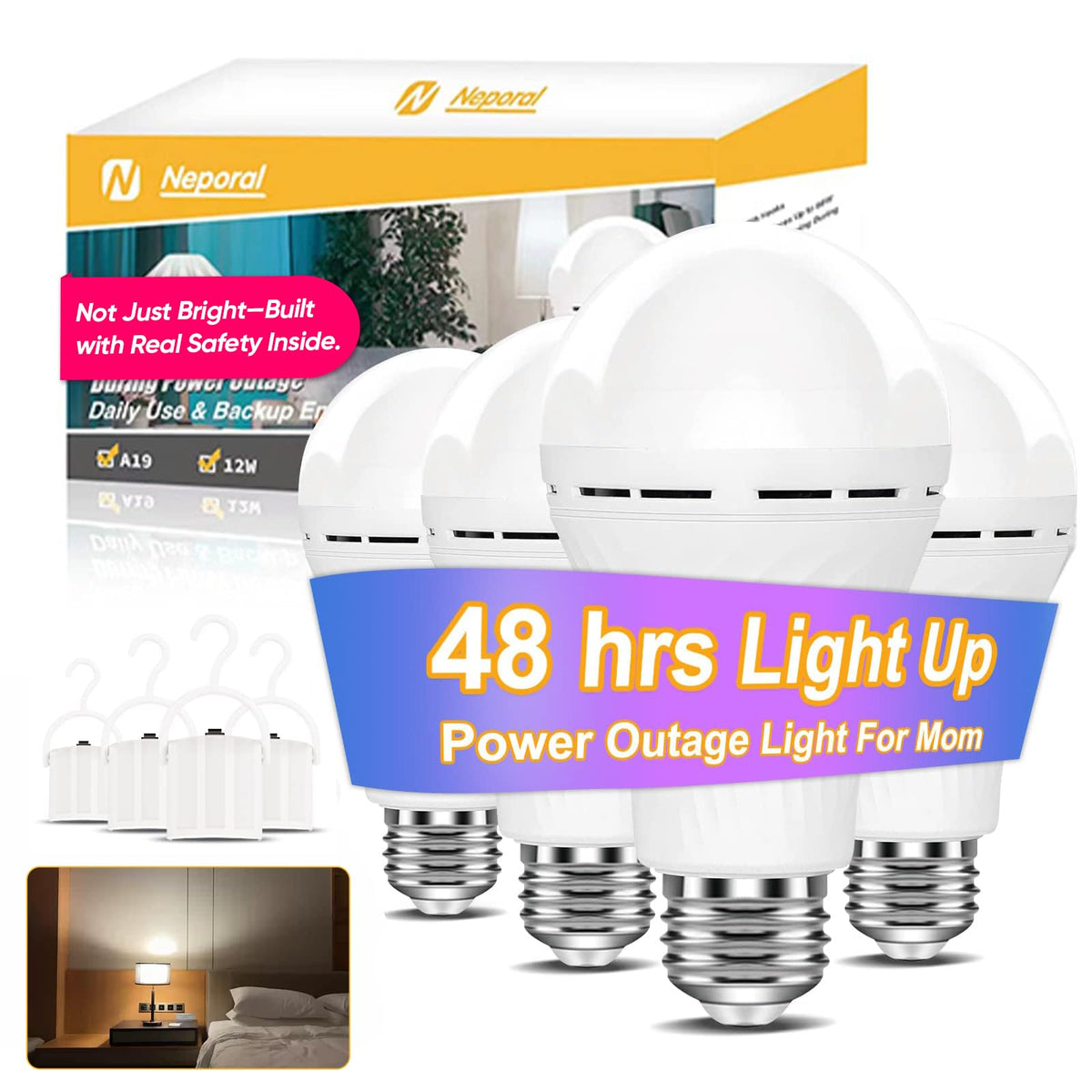 Neporal LITE emergency bulb on a lamp shows battery backup during outages.