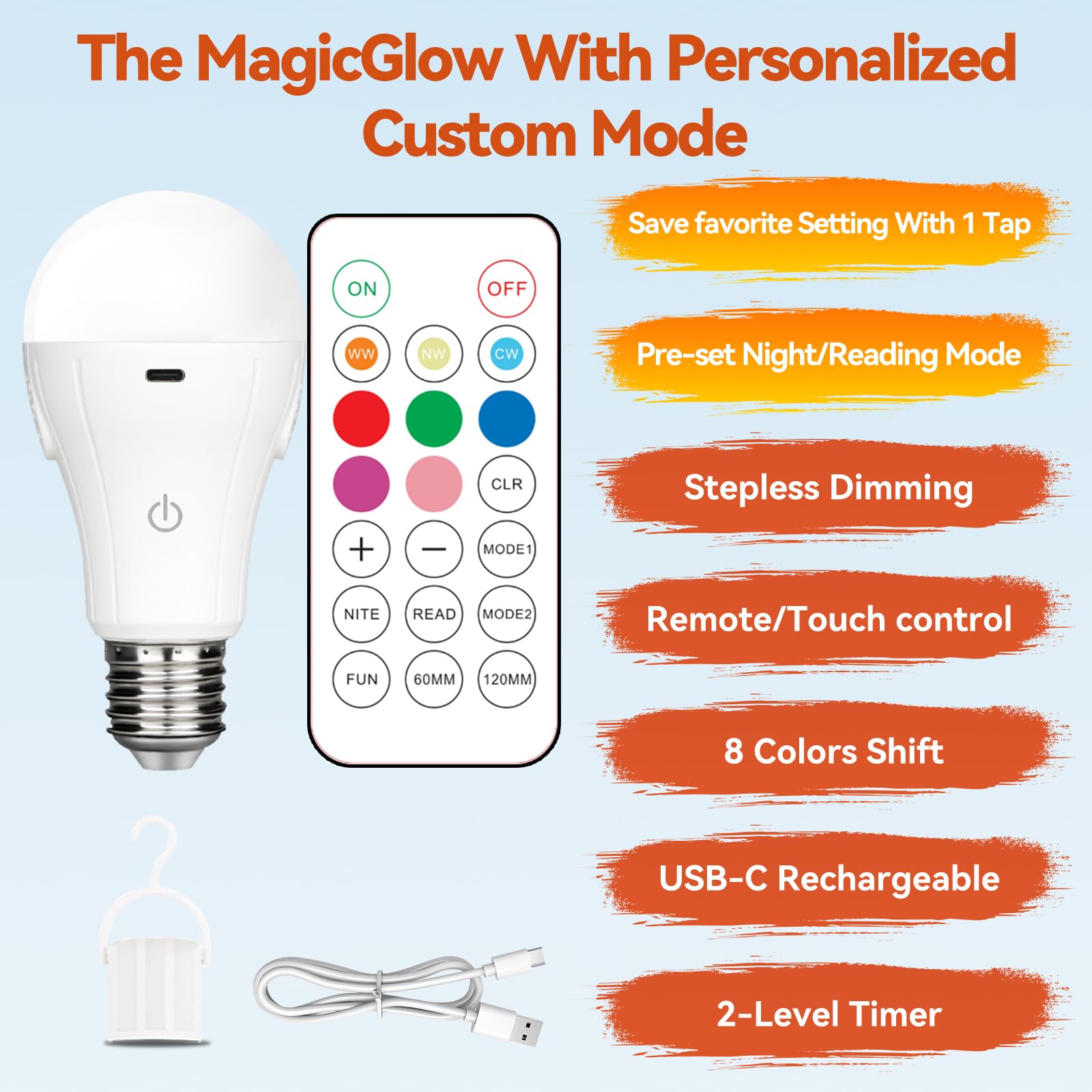 Neporal MagicGlow touch-control bulb enables easy hands-free dimming and scene changes.