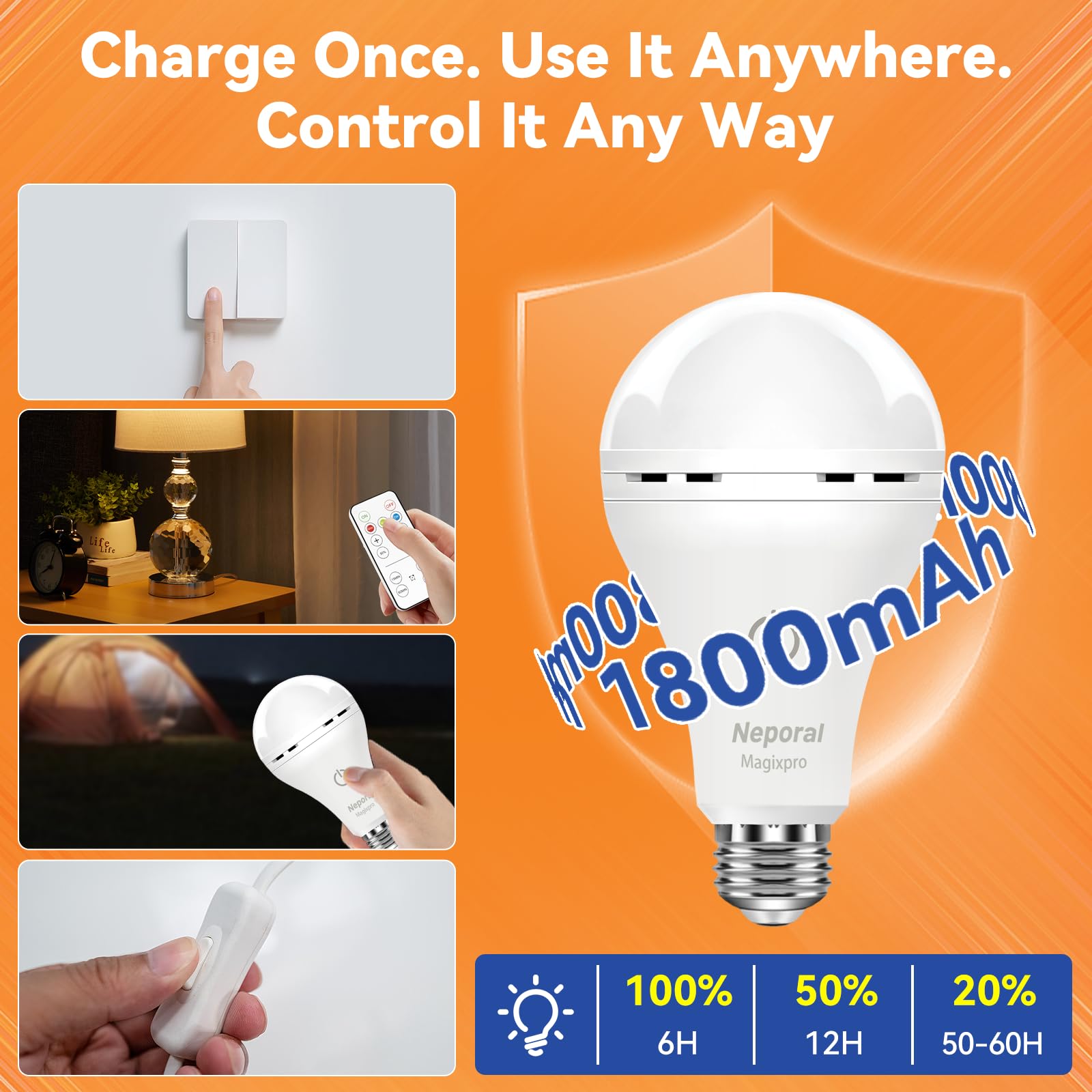 Neporal MagixPro battery-powered bulb for cordless lighting anywhere.