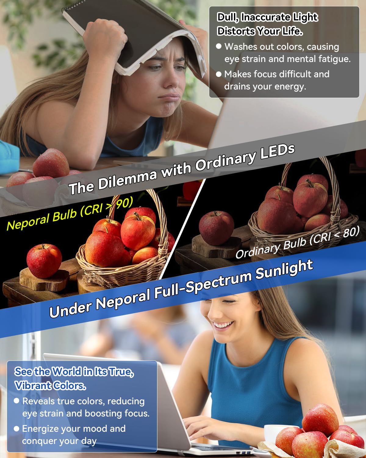 Neporal no-flicker LED light reduces eye strain during long sessions.