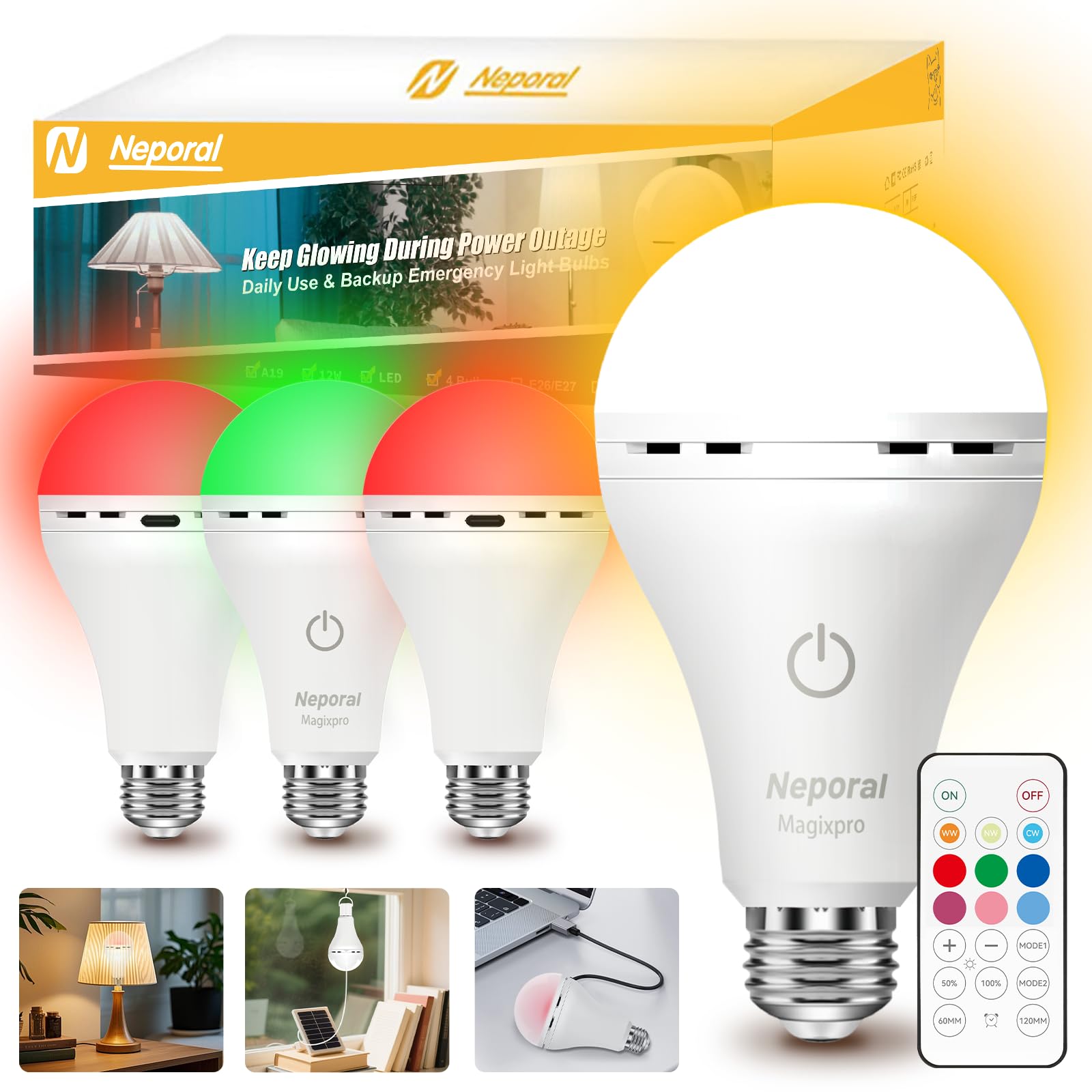Neporal rechargeable light bulb with multicolor options for versatile ambiance