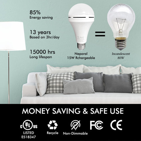 Neporal rechargeable light bulbs with built-in battery backup during outages