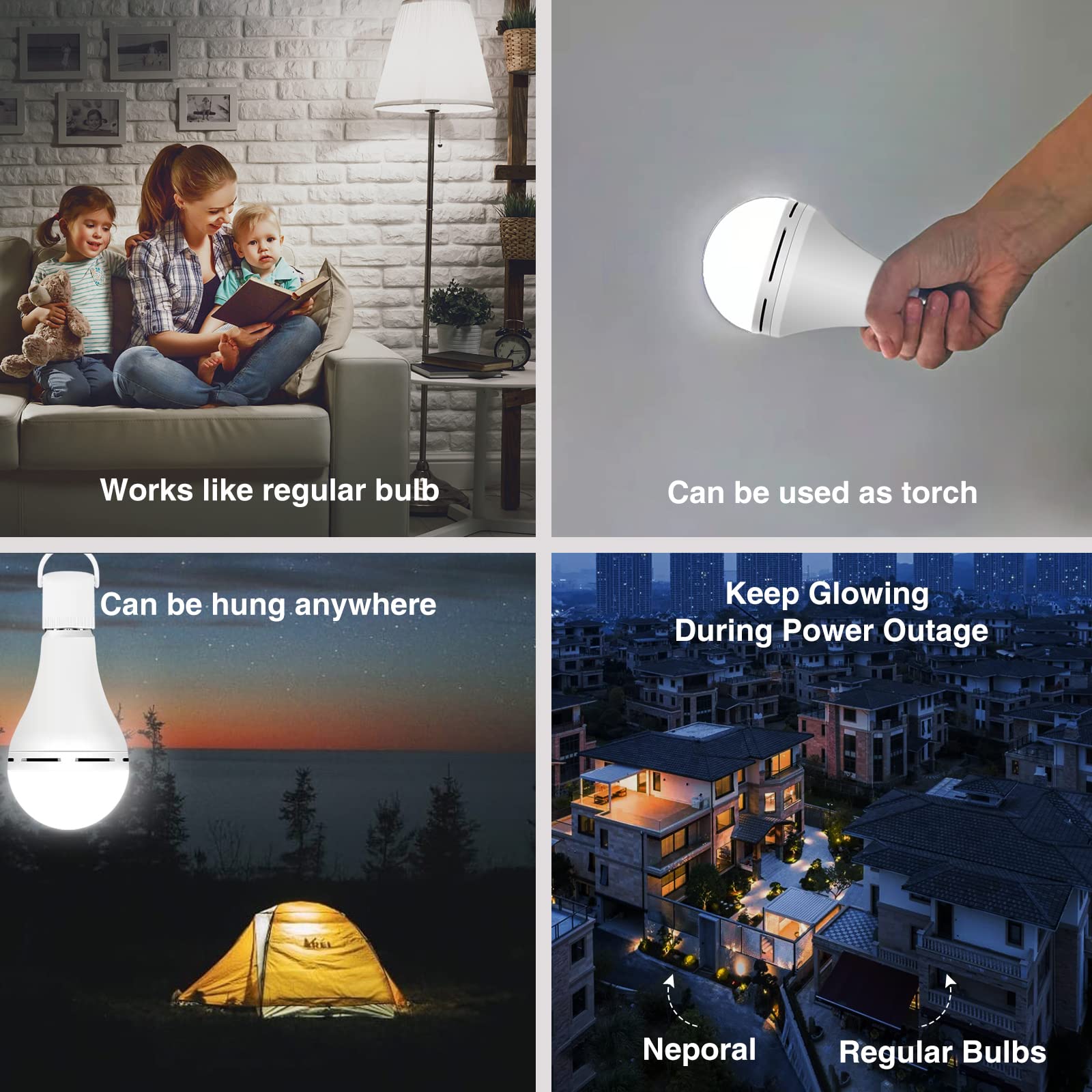 Neporal rechargeable light bulbs in daily-use setup showing self-charging backup