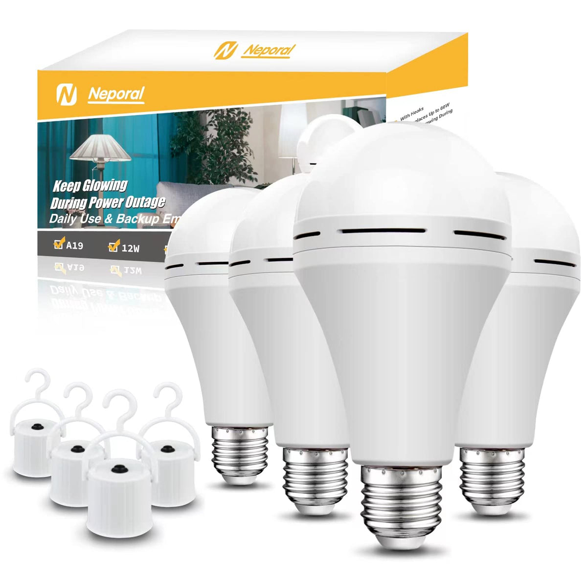Neporal rechargeable light bulbs front view with 4-pack and daylight 6000K brightness