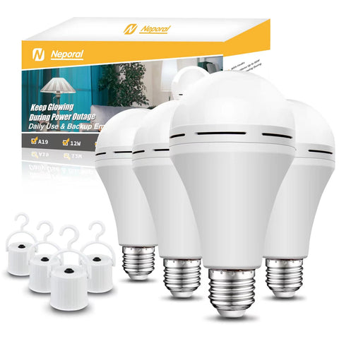 Neporal rechargeable light bulbs front view with 4-pack and daylight 6000K brightness
