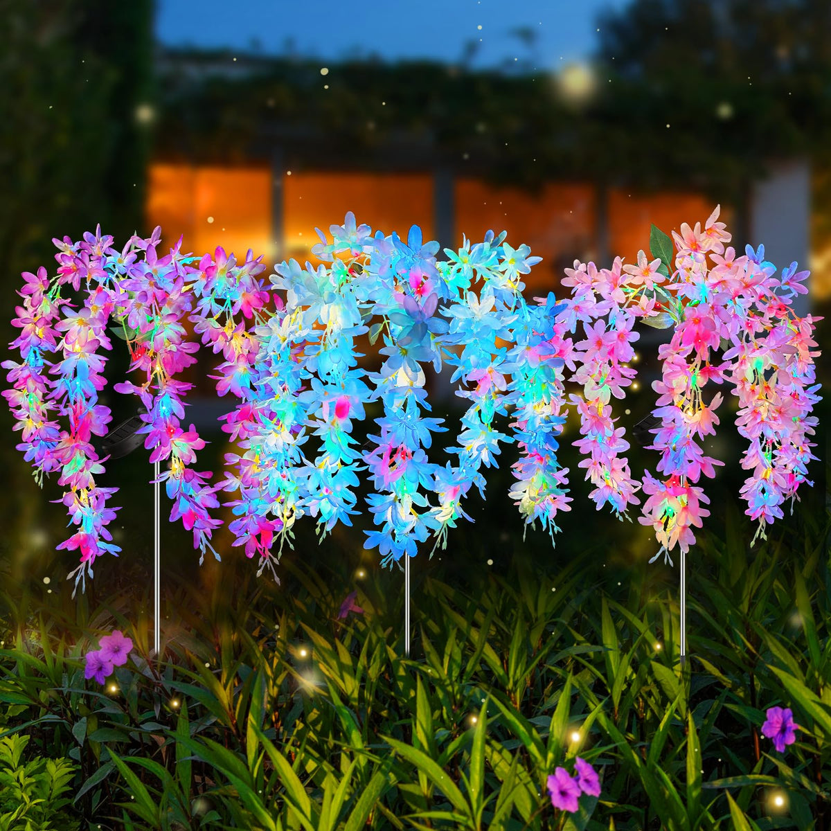 Neporal solar flowers 5-head lilac vines glow at night for charming outdoor ambiance