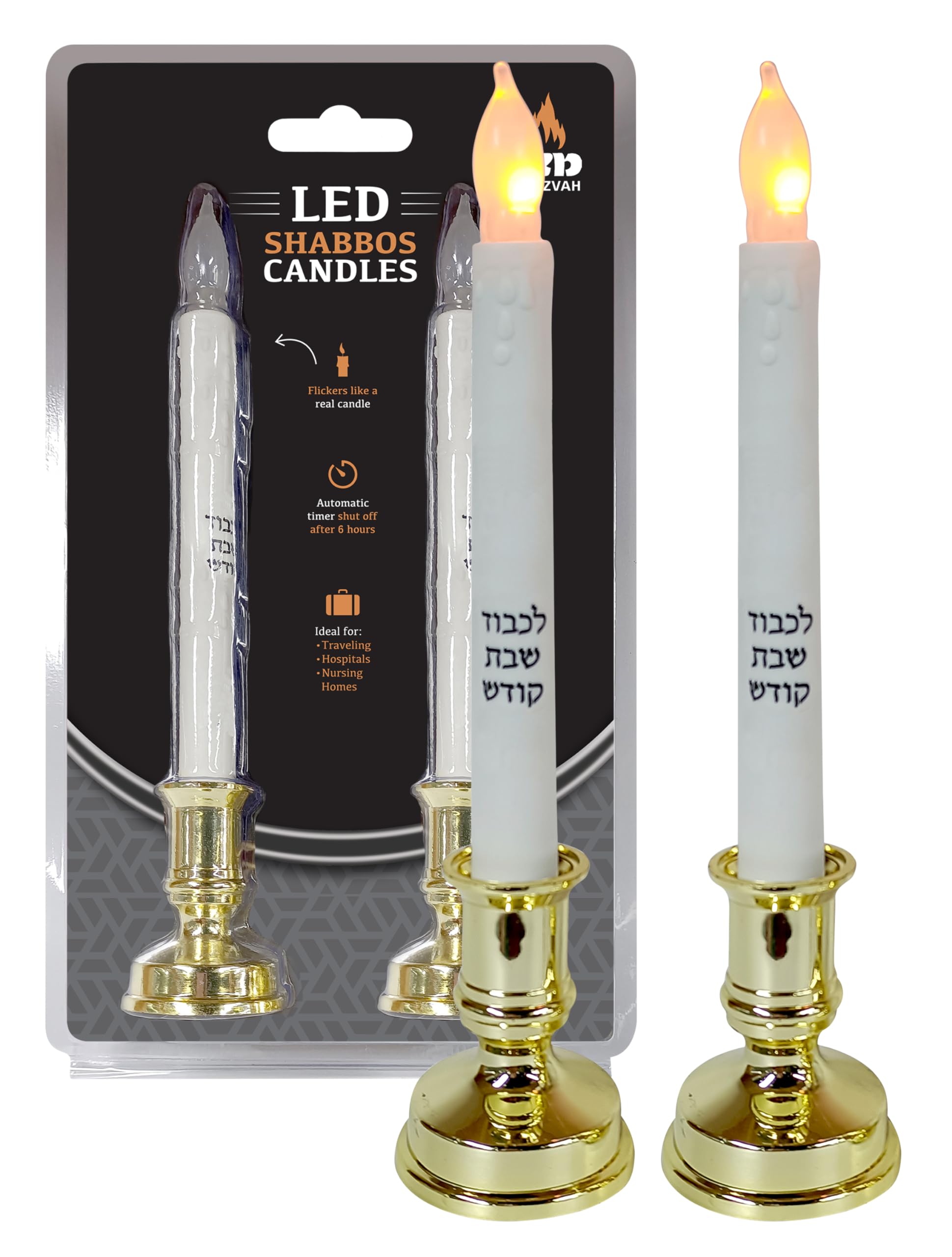 Ner Mitzvah LED Shabbat candles with automatic timer glow softly for Shabbat.
