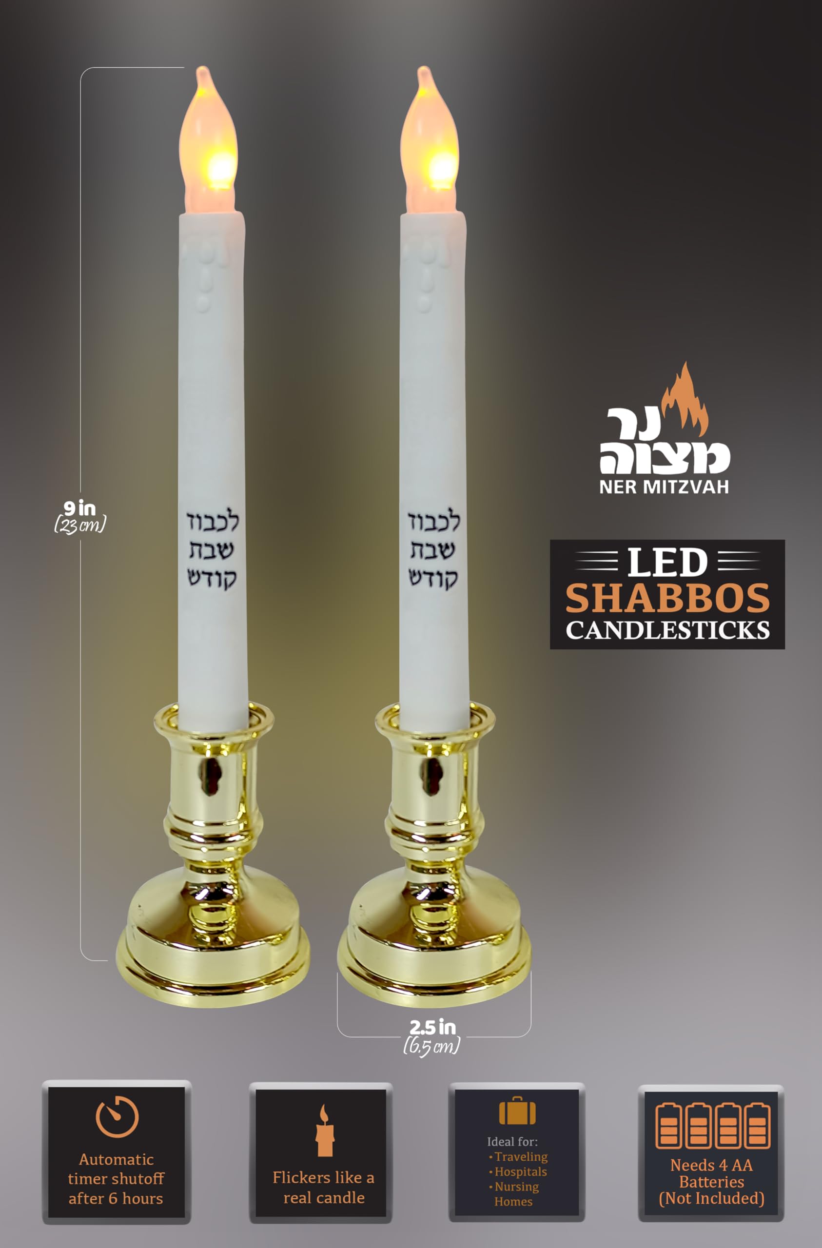 Ner Mitzvah white taper LEDs illuminate tables safely without wax.