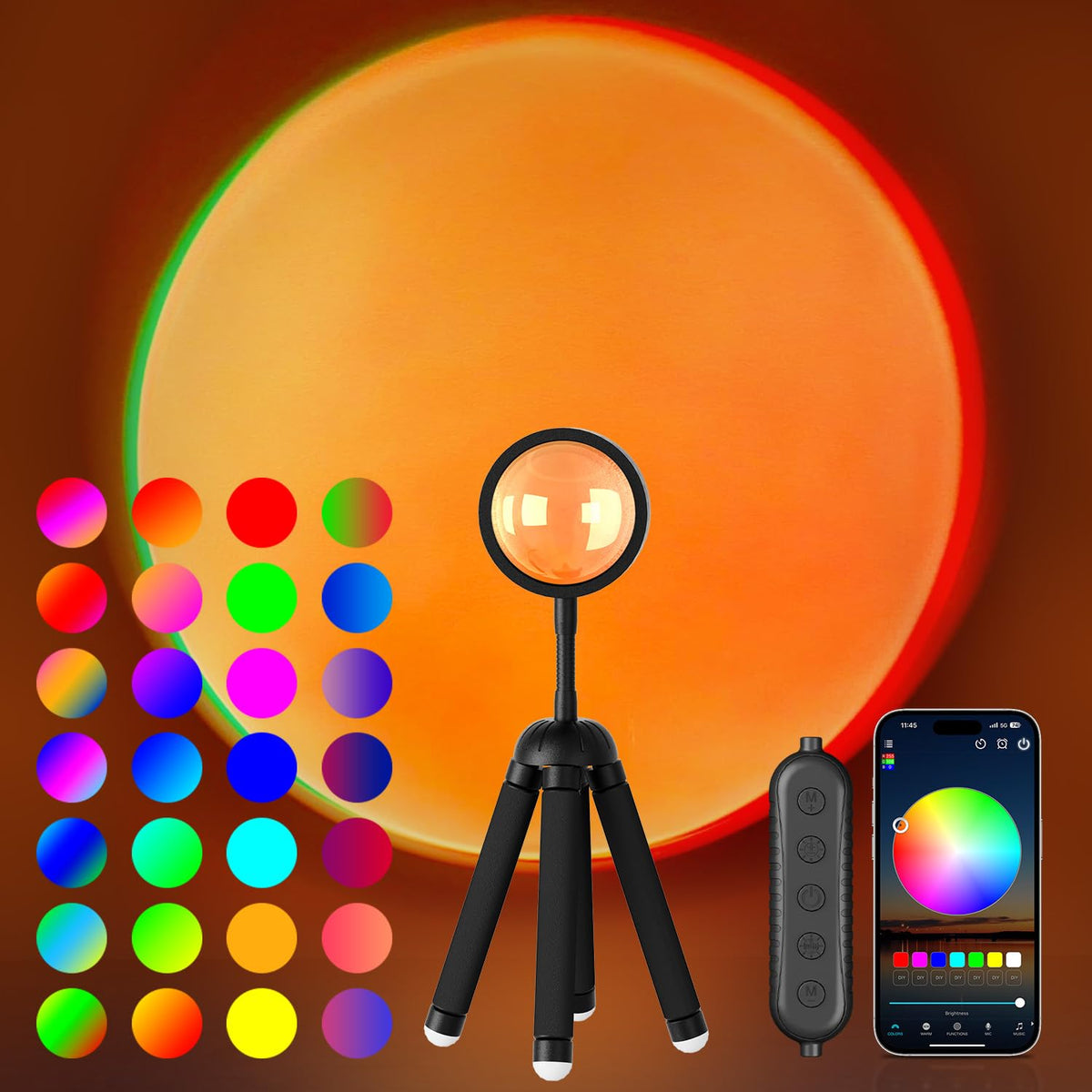 Neroupe sunset lamp projector with app control emits vibrant, customizable colors for cozy rooms.