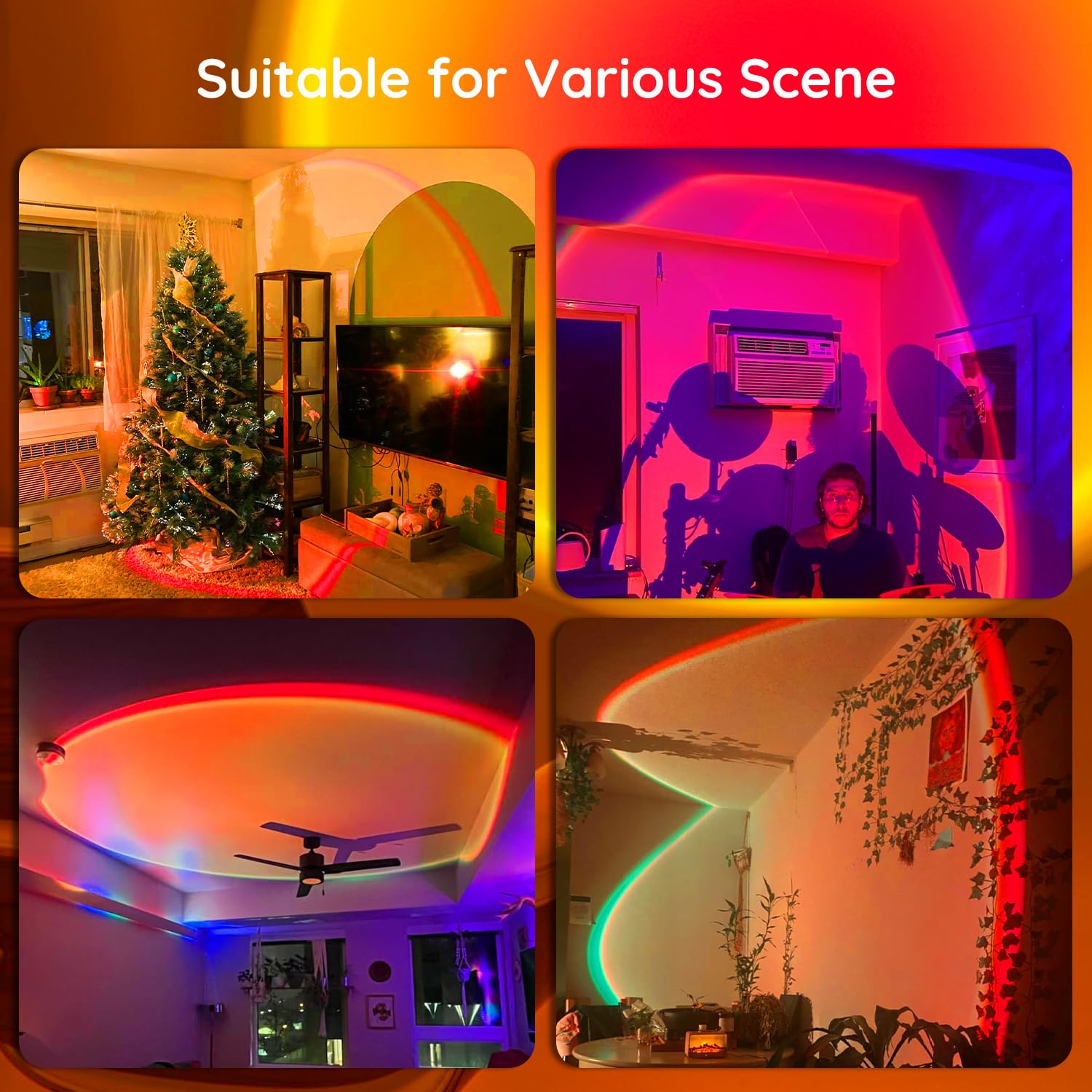 Neroupe sunset lamp's multicolor LEDs create immersive ambient lighting for photos and videos.