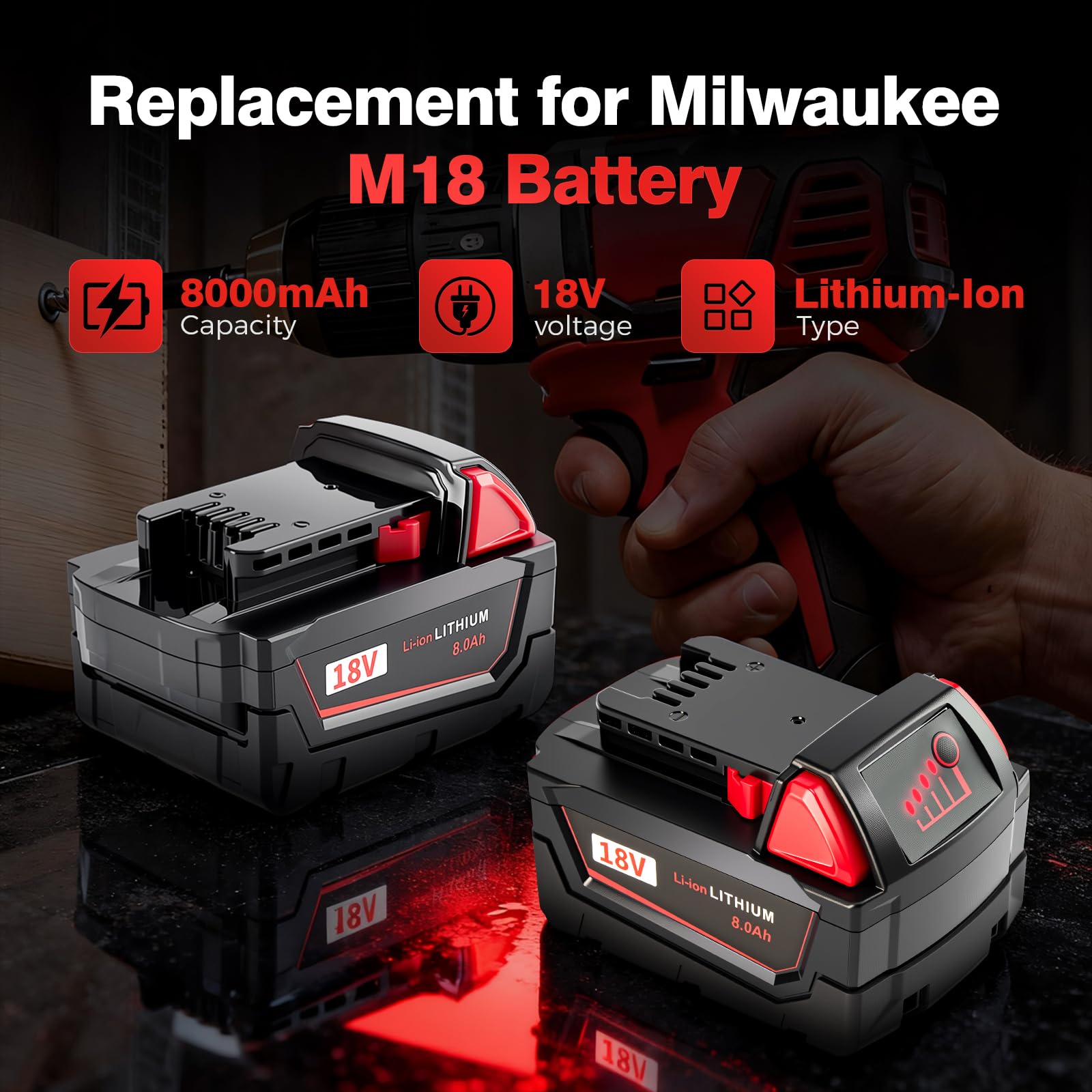 NestEase M18 8.0Ah battery back view shows durable design and safety features.